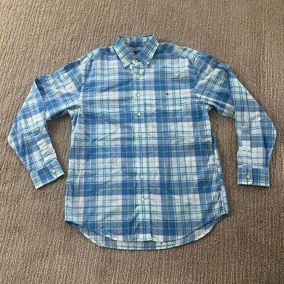 Vineyard Vines Blue and Green Plaid Button Down Tucker Shirt - Picture 1 of 11